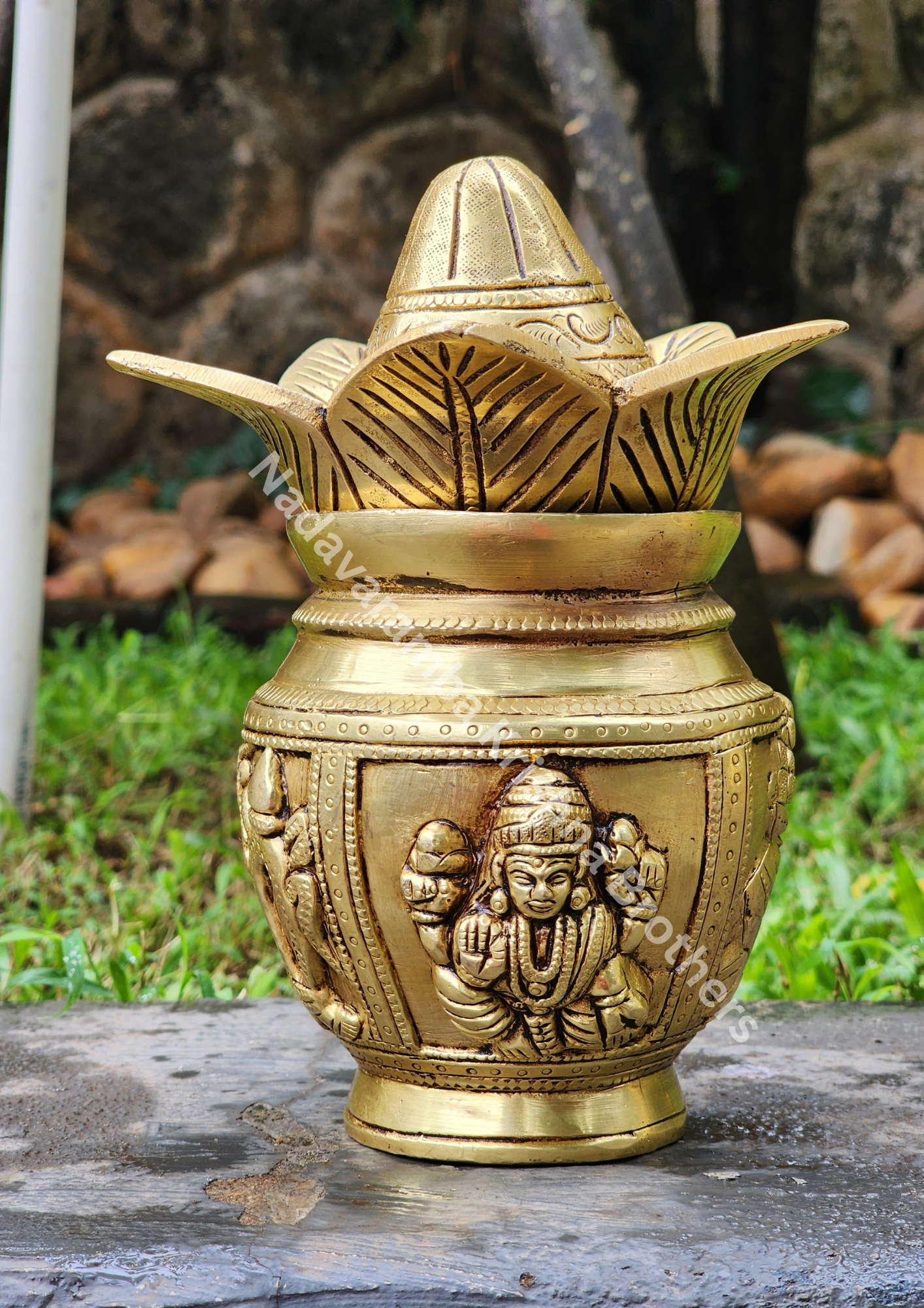 Lakshmi and Ganesha Engraved Bronze Kalash/Poornakumbam - Image 3