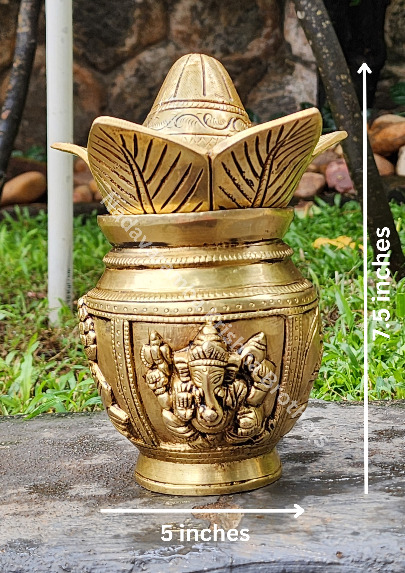 Lakshmi and Ganesha Engraved Bronze Kalash/Poornakumbam